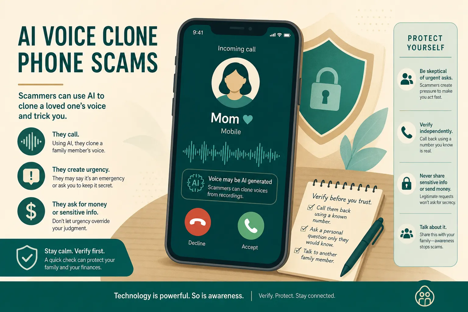 Illustration of a phone call with a voice waveform warning about AI voice cloning