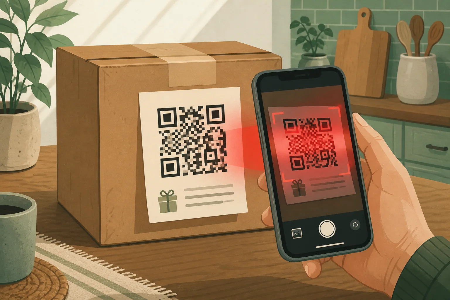 Illustration of a mystery shipping box with a QR code note and a phone ready to scan it