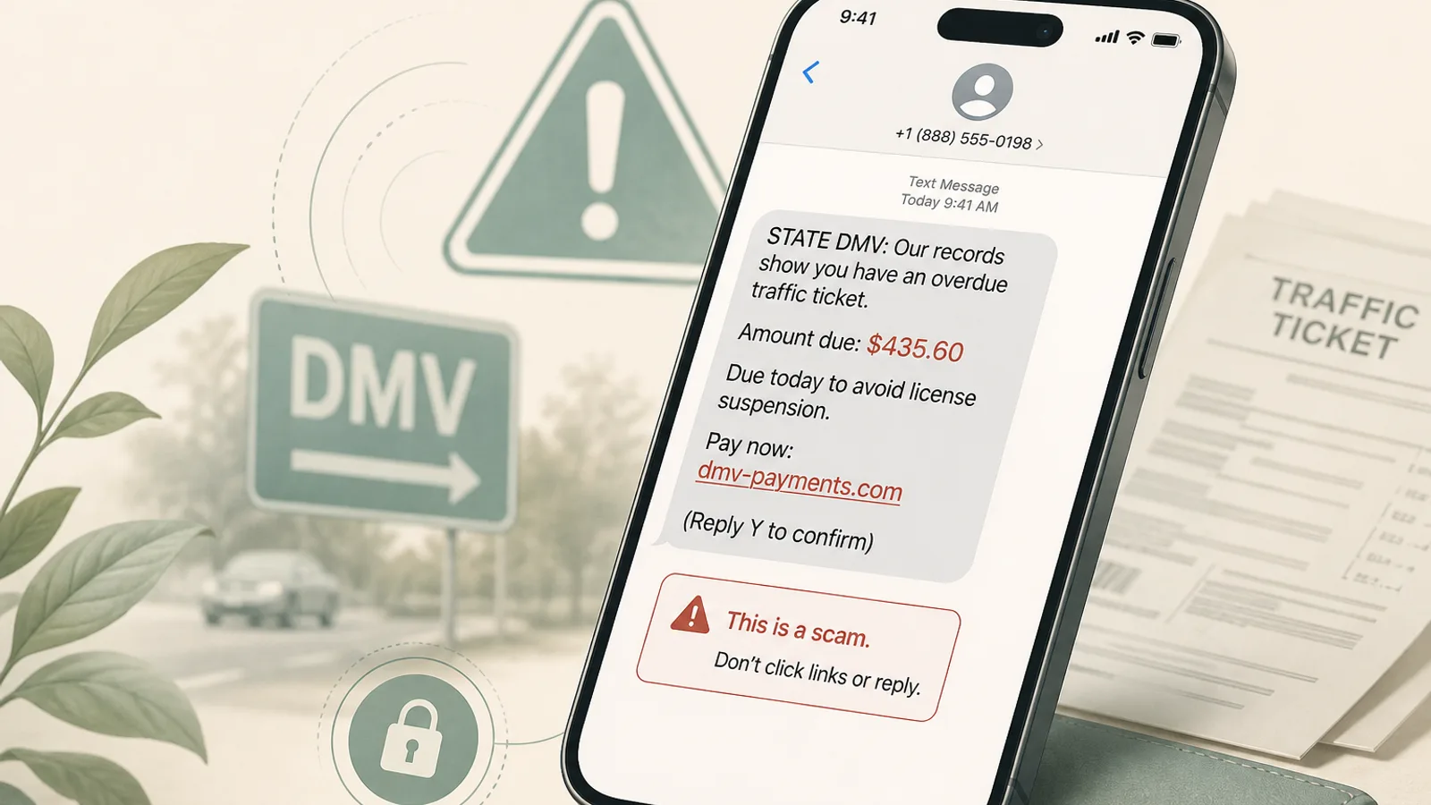 Illustration of a threatening fake DMV overdue ticket text on a smartphone