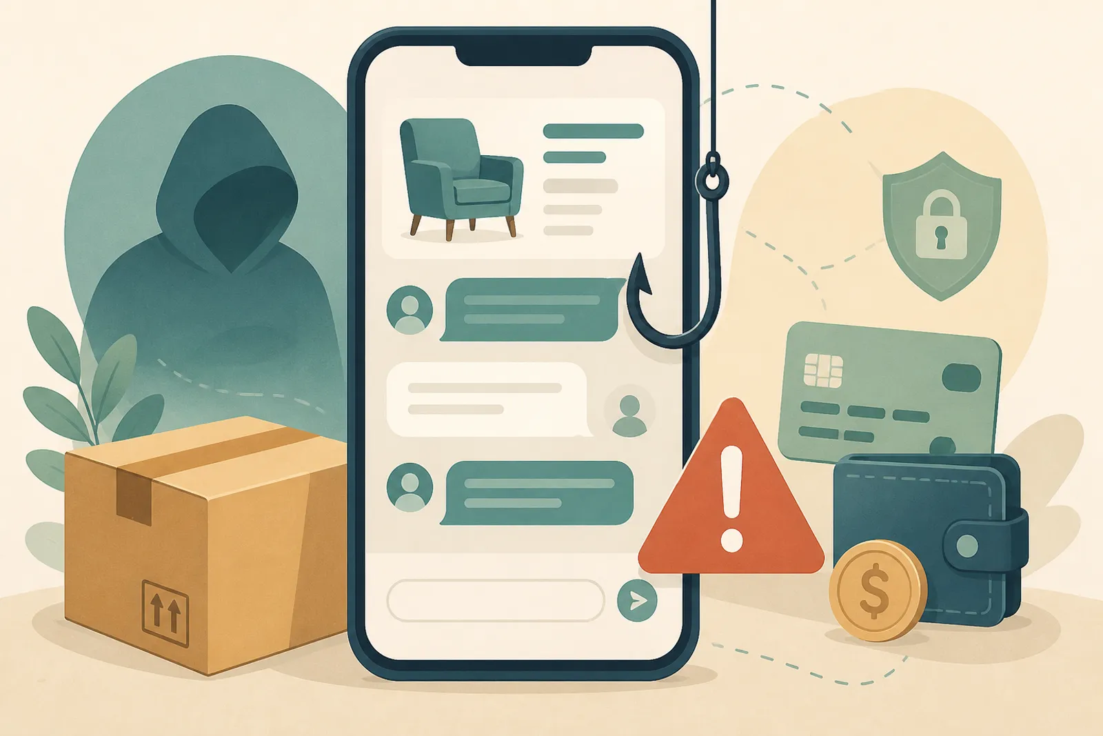 Illustration of a phone marketplace chat with a warning hook next to a package and payment icons