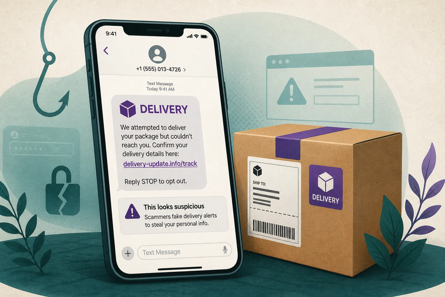 Illustration of a phone with a suspicious purple delivery SMS next to a parcel, phishing hook, and warning icons