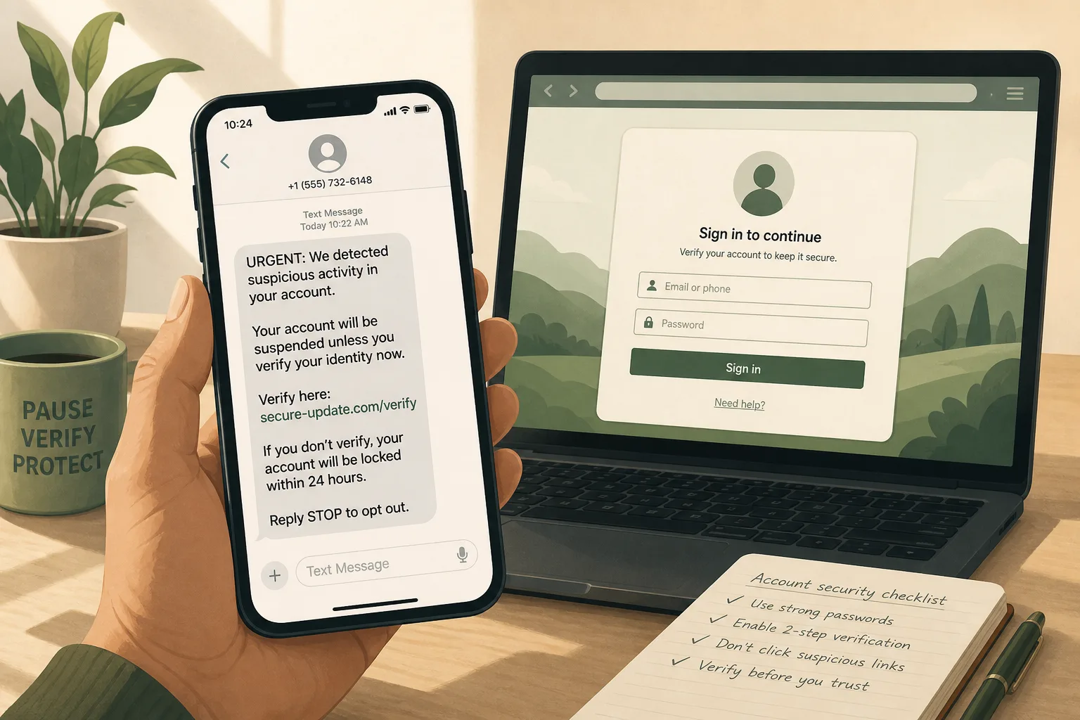 Illustration of a phone showing a fake Google account security alert text next to a laptop login screen