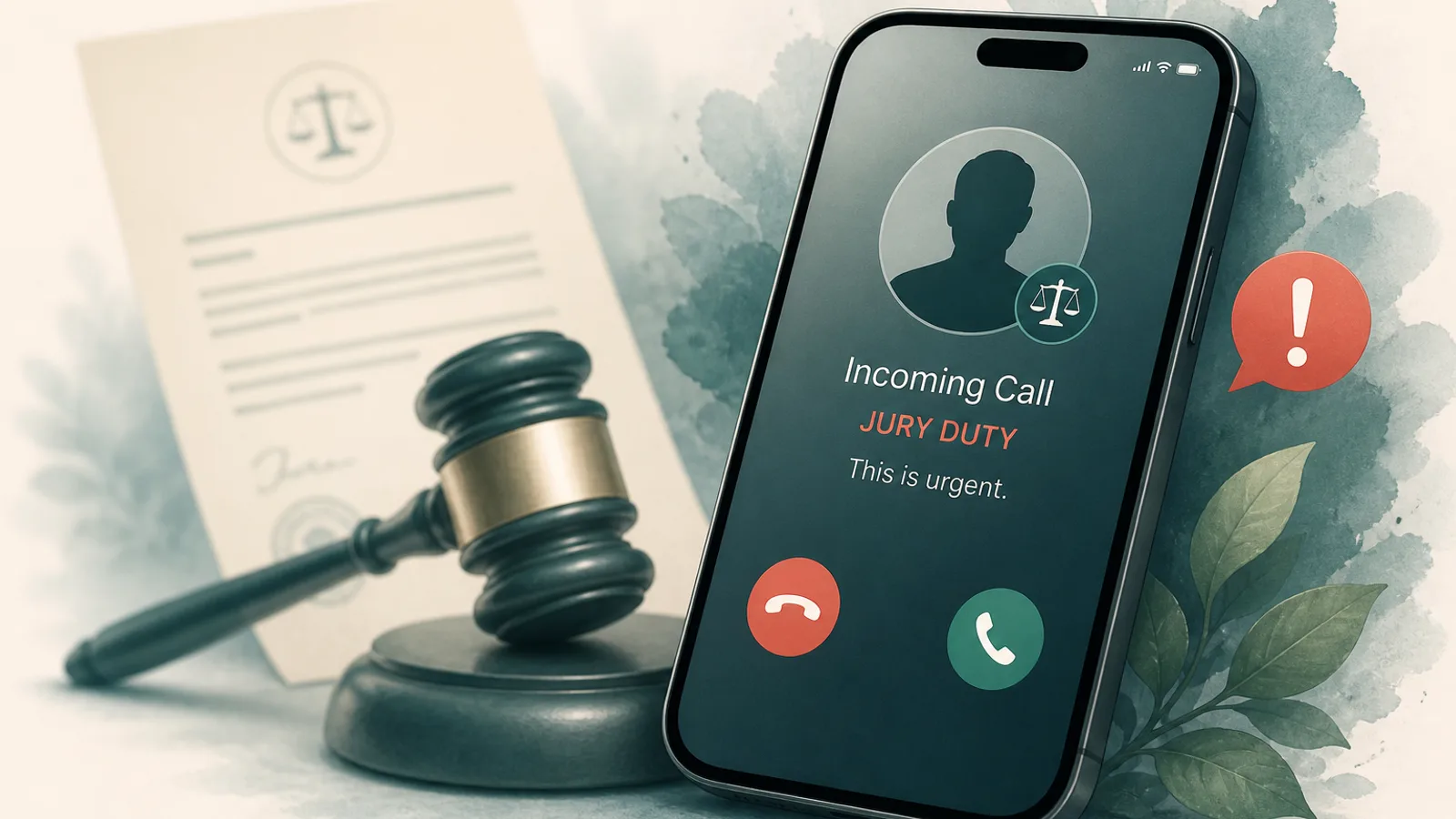 Illustration of a fake jury duty scam call and bogus warrant notice