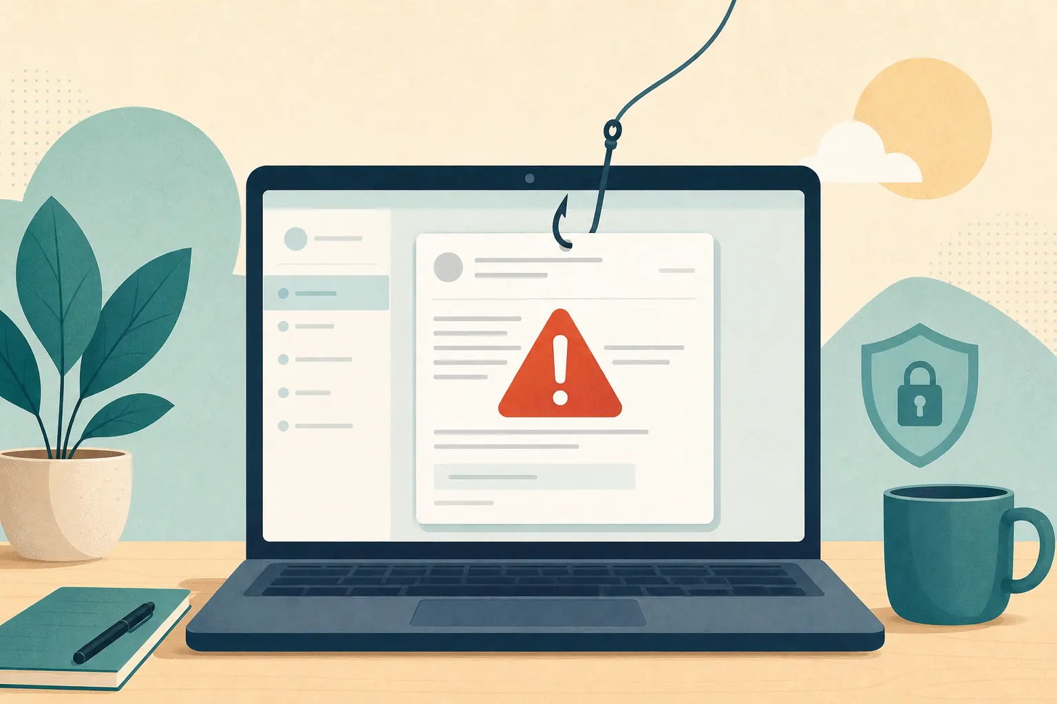 Illustration of a suspicious email warning on a laptop screen