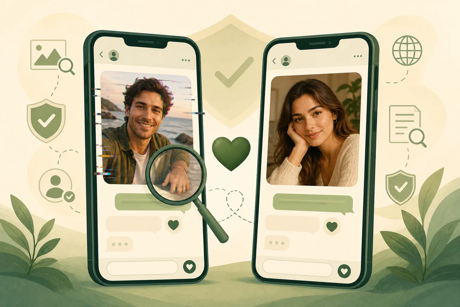 Illustration of online chat and profile photos with a magnifying glass checking for AI or fake romance scams