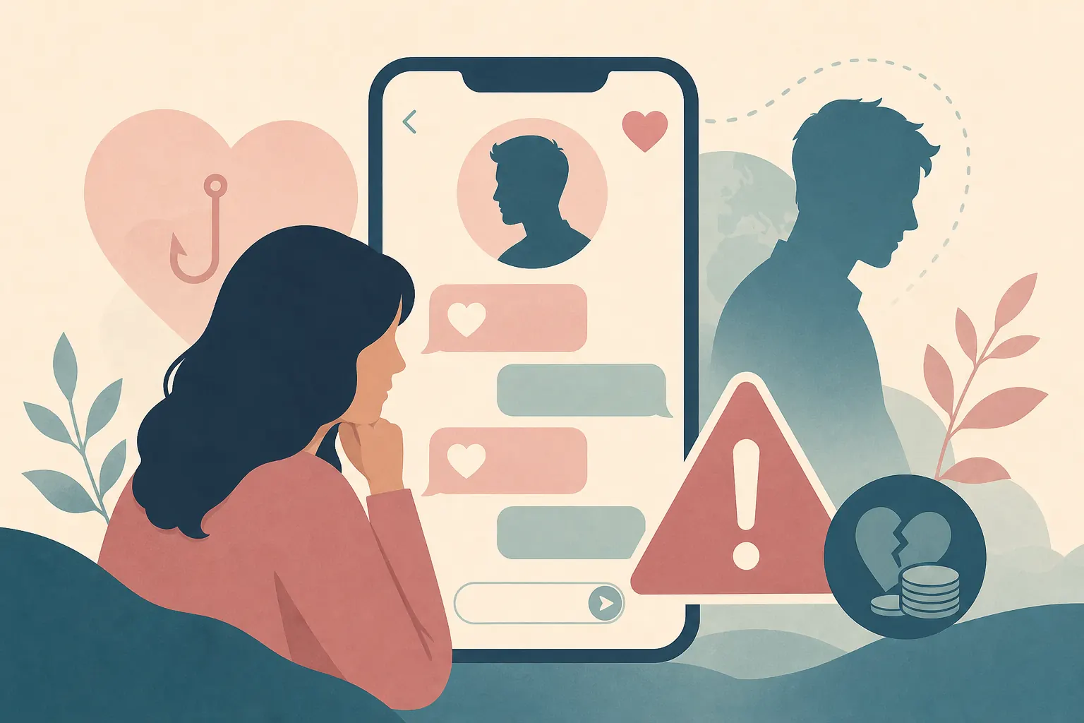 Illustration of a messaging app with a romance scam warning theme