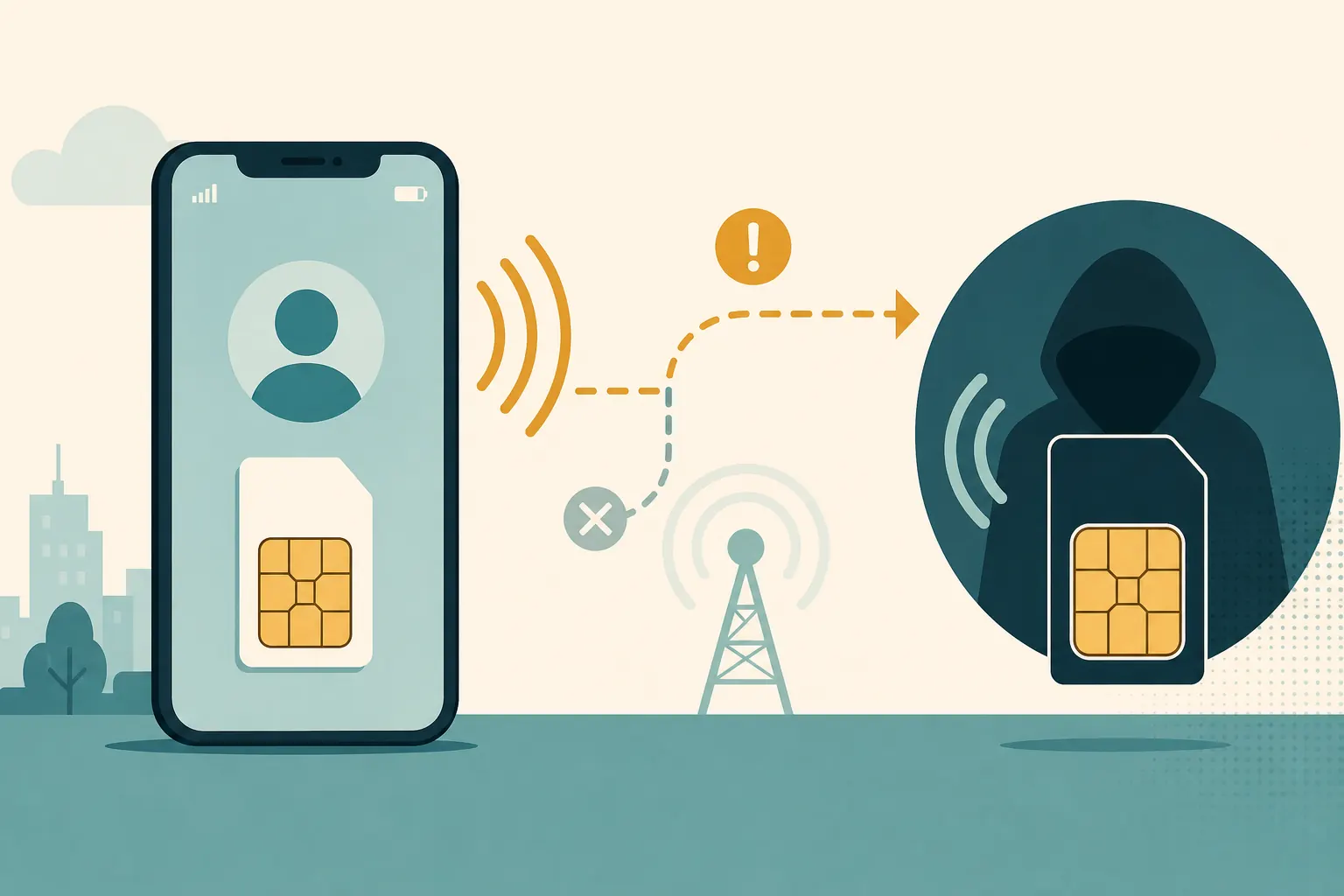 Illustration of a mobile phone signal being redirected in a SIM swap attack