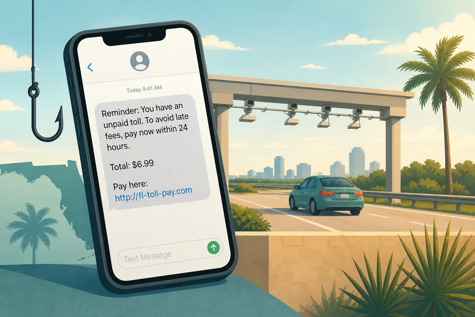 Illustration of a phone showing a suspicious unpaid SunPass-style toll text beside a Florida highway toll gantry
