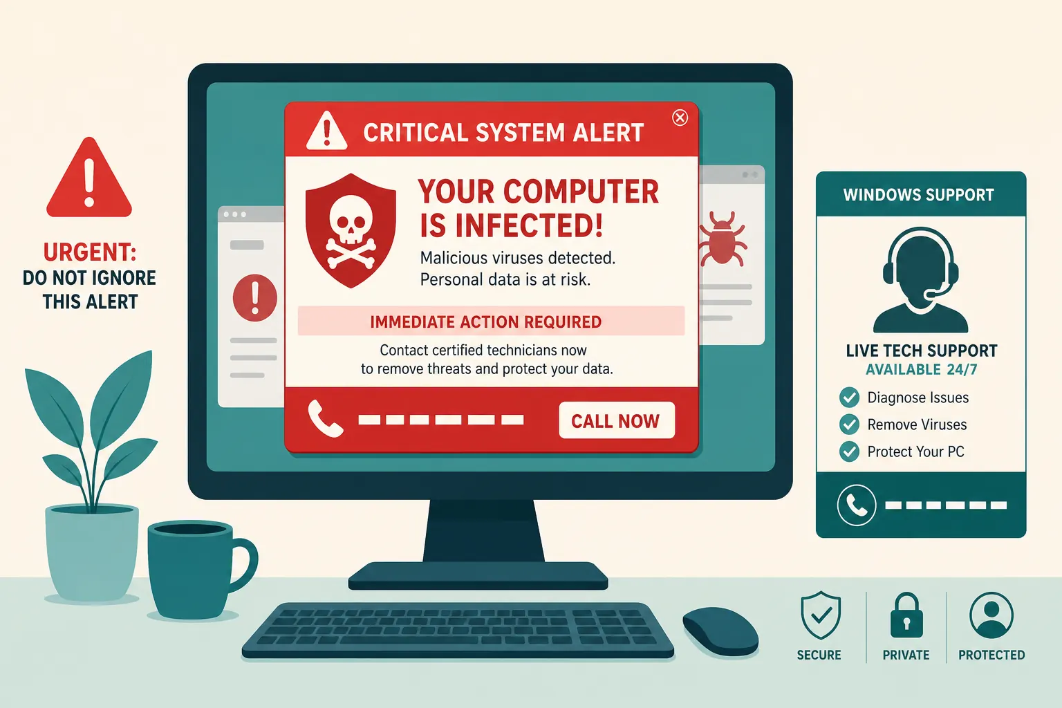 Illustration of a fake virus warning pop-up on a computer screen