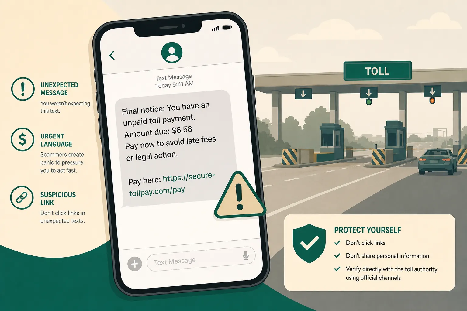 Illustration of a phone showing a suspicious unpaid toll text message