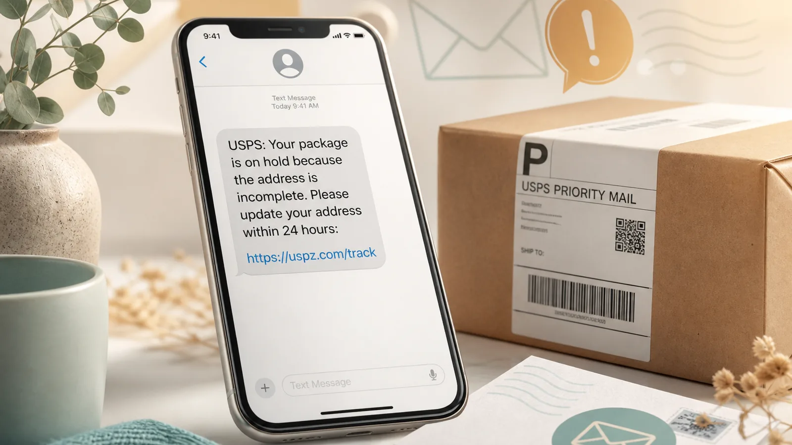 Illustration of a fake USPS package delivery text next to a parcel