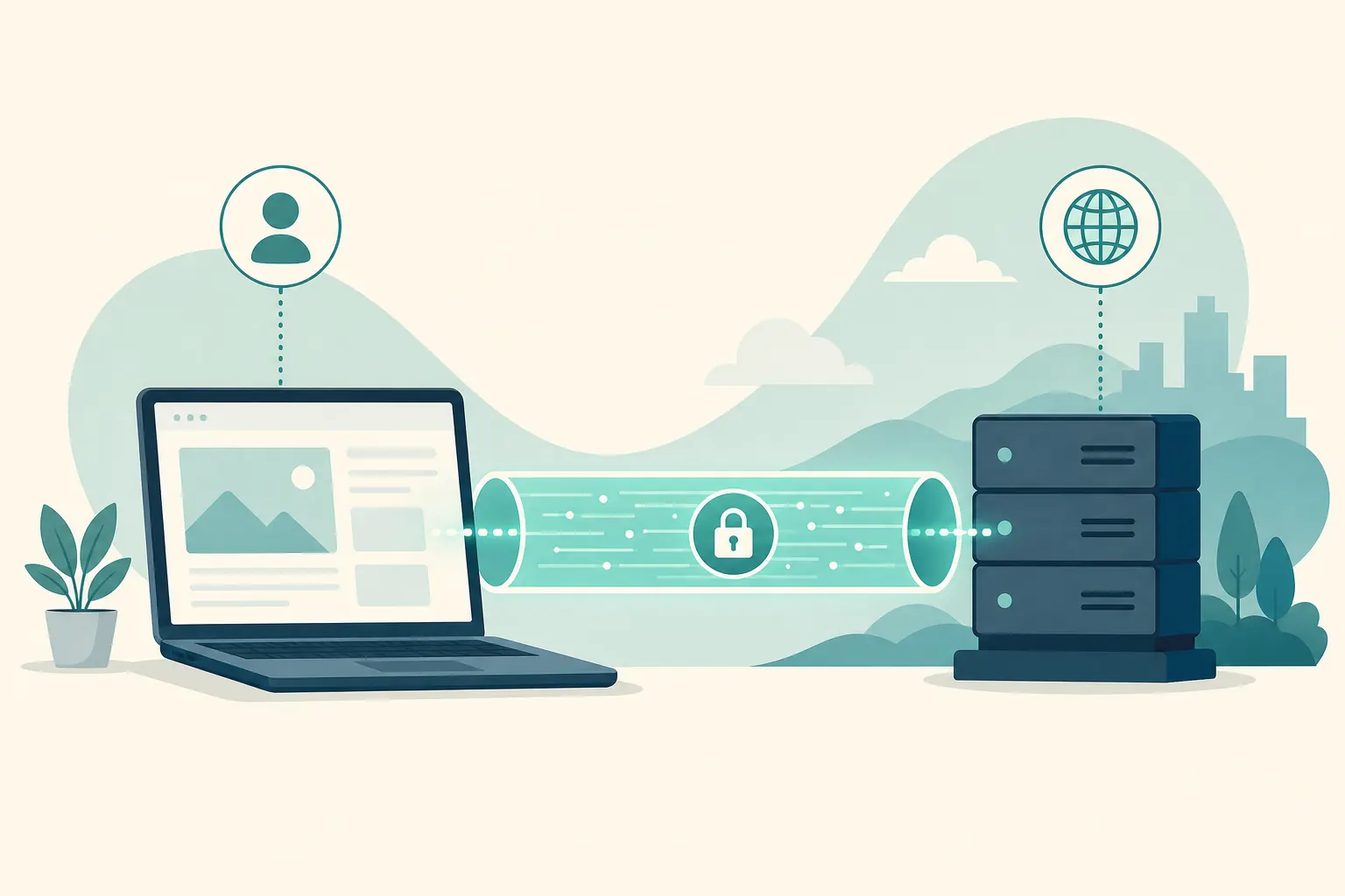 Illustration of an encrypted tunnel representing a VPN connection