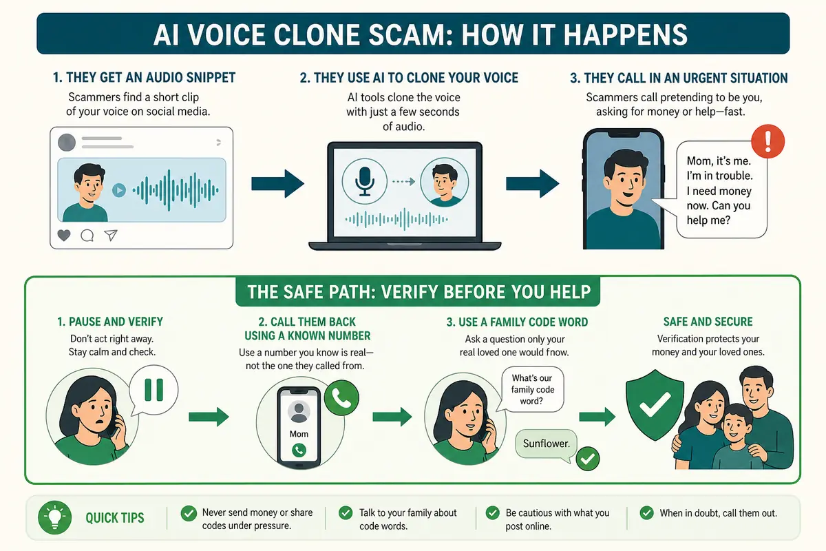 Diagram showing how public audio becomes a cloned emergency call and how a callback stops it