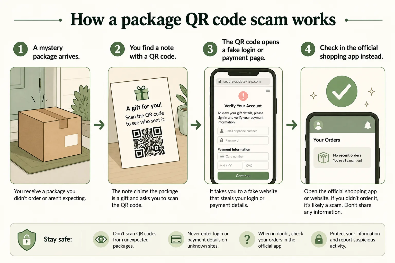 Diagram of how a mystery package QR code scam leads to a fake page and how verifying in the official app stops it