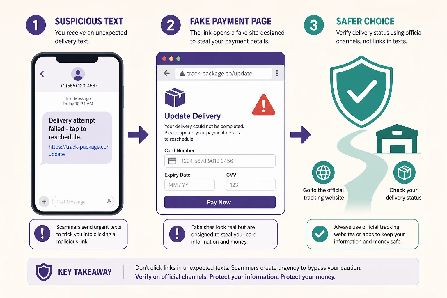 Diagram of a FedEx delivery text scam flow: suspicious SMS, fake payment page, then verify on official tracking