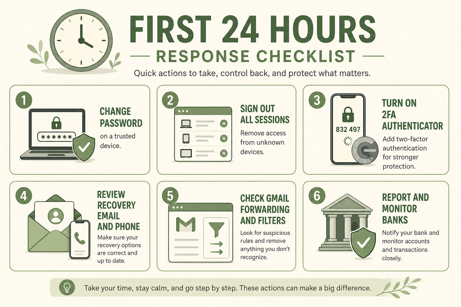 First 24-hour Google account recovery checklist: password, sign out sessions, 2FA, recovery contacts, Gmail forwarding, bank monitoring