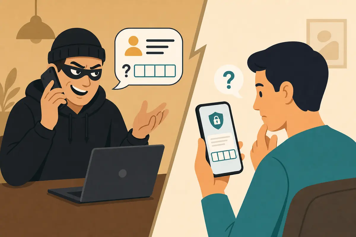 Visual showing a scammer requesting an OTP during a fake support call