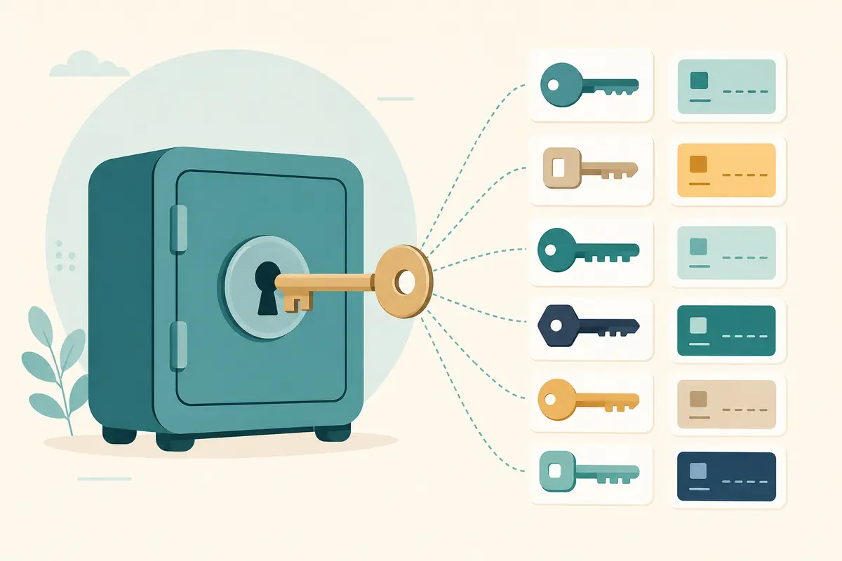 Concept graphic of one master password unlocking many unique site passwords