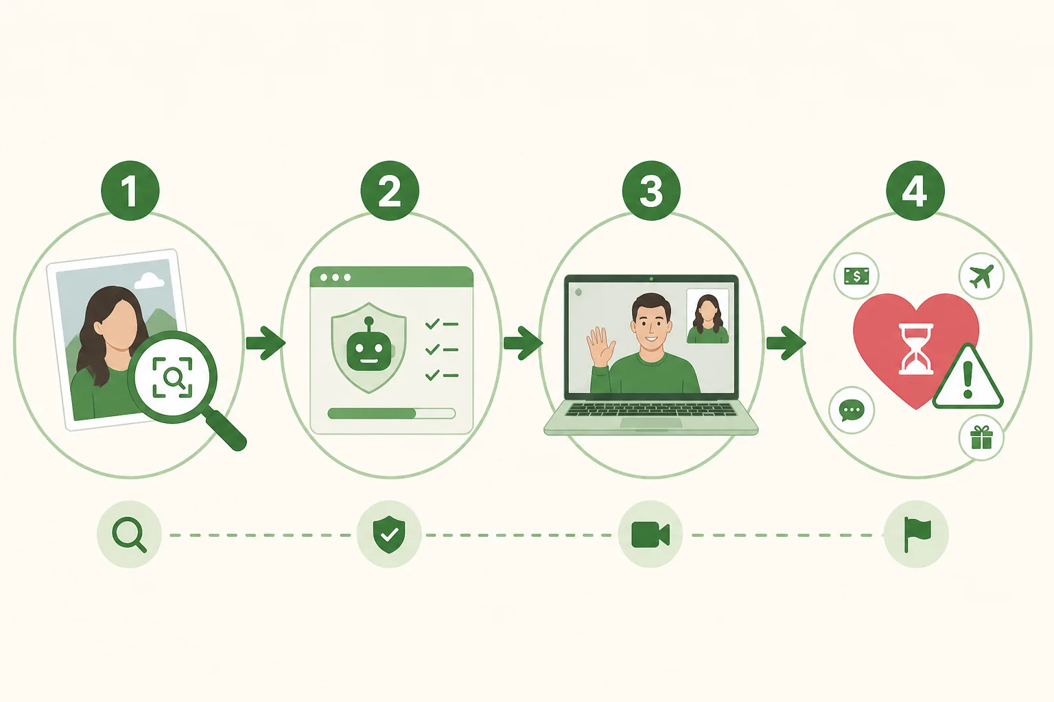 Four-step checklist illustration for verifying whether an online love interest is real or fake