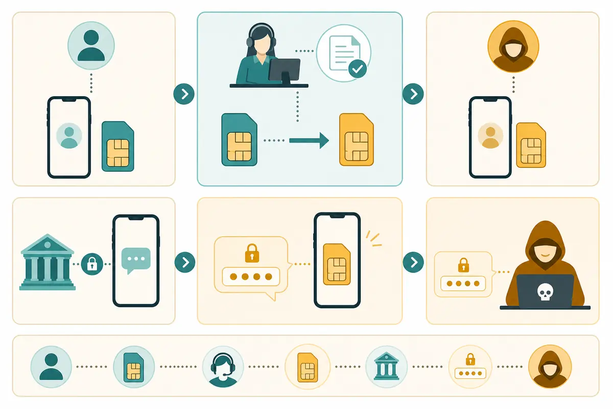 Flowchart-style image of SIM swap leading to SMS OTP theft