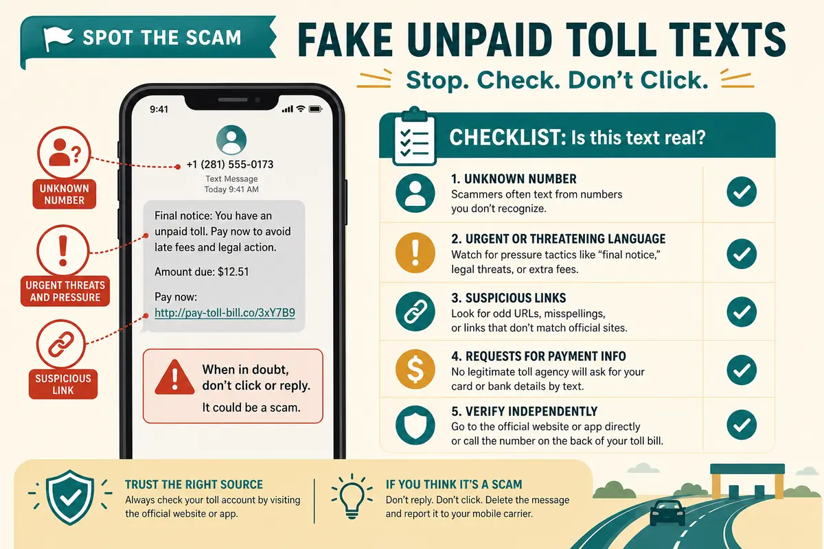 Checklist graphic for spotting fake unpaid toll text messages