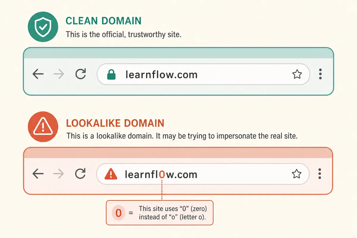 Browser address bar comparison of a real domain versus a lookalike domain